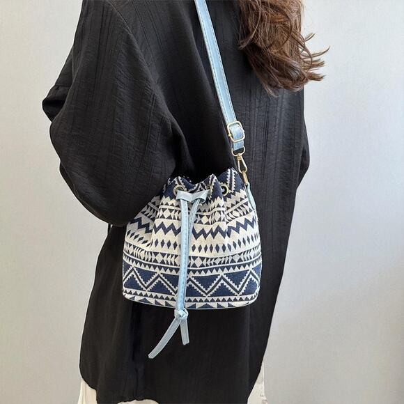 Aztec Boho Canvas Bucket Bag Drawstring Crossbody - Picture 4 of 6